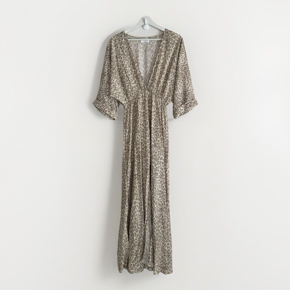 Girl and The Sun Verity Maxi Dress Deep VNeck Cream Muted Leopard Euro Trip Sz M - Picture 13 of 16